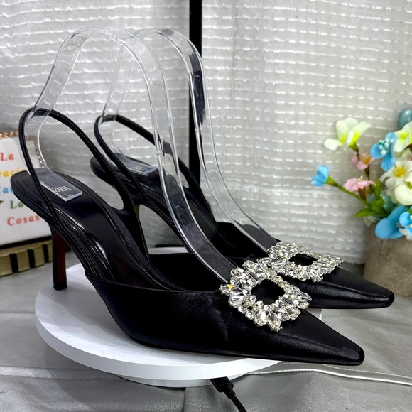 (O) ZARA Elegant Black Slingback Heels with Crystal Embellishment, Size 39/8USA - Picture 1 of 13